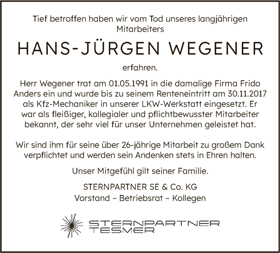 Todesanzeige von Hans-Jürgen Wegener von UEL