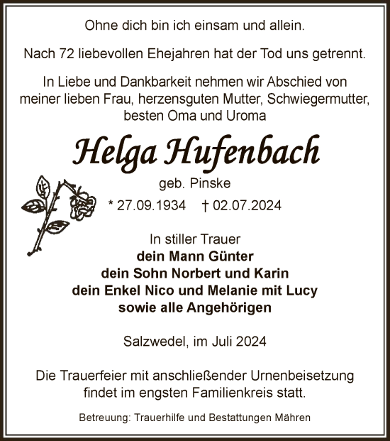 Todesanzeige von Helga Hufenbach von UEL