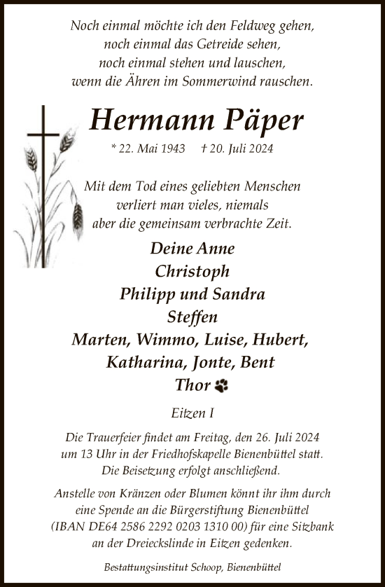 Todesanzeige von Hermann Päper von UEL
