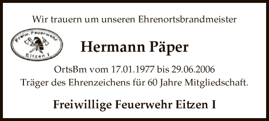 Todesanzeige von Hermann Päper von UEL