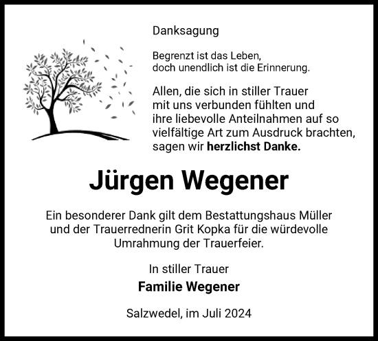 Todesanzeige von Jürgen Wegener von UEL