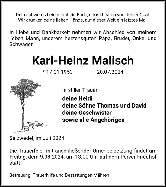 Todesanzeige von Karl-Heinz Malisch von UEL