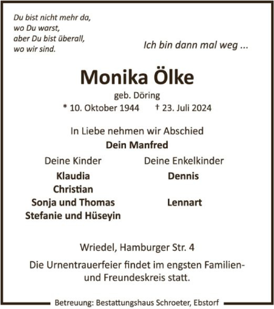 Todesanzeige von Monika Ölke von UEL