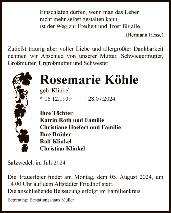 Todesanzeige von Rosemarie Köhle von UEL