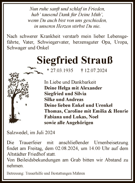 Todesanzeige von Siegfried Strauß von UEL