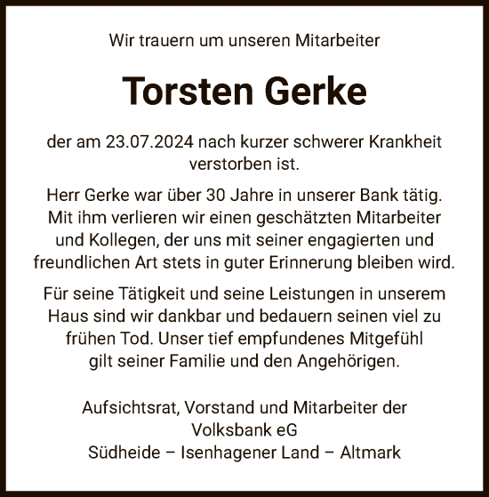 Todesanzeige von Torsten Gerke von UEL