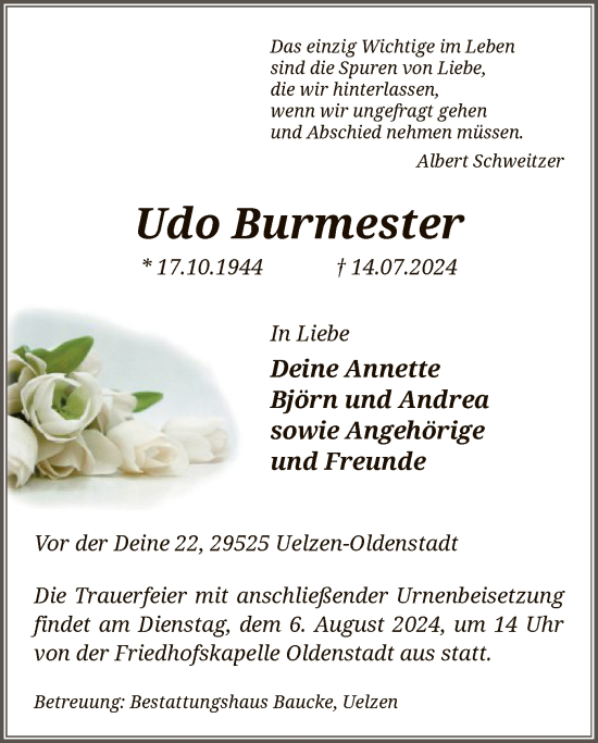 Todesanzeige von Udo Burmester von UEL