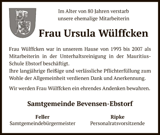 Todesanzeige von Ursula Wülffcken von UEL