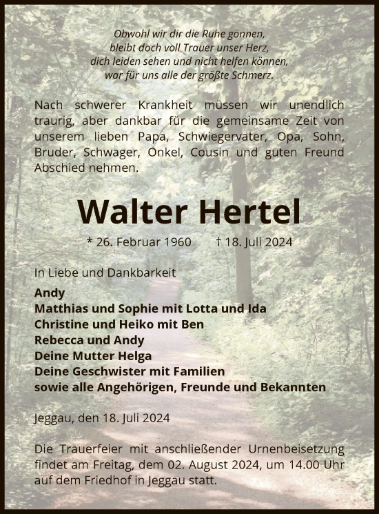 Todesanzeige von Walter Hertel von UEL