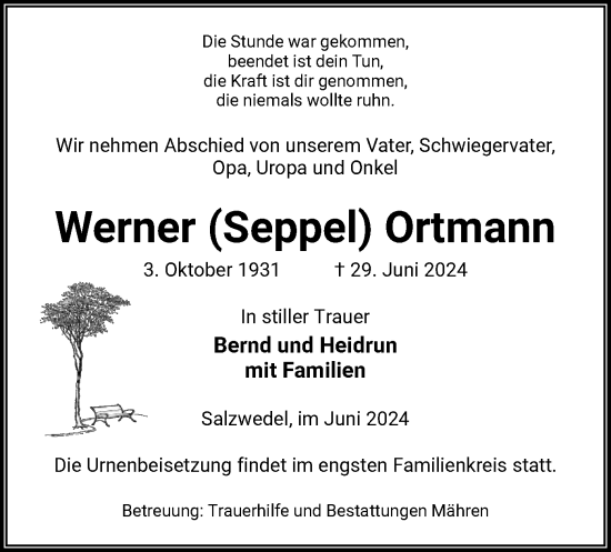 Todesanzeige von Werner Ortmann von UEL