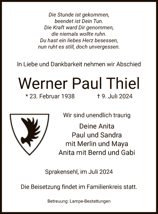 Todesanzeige von Werner Paul Thiel von UEL
