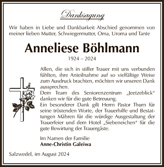 Todesanzeige von Anneliese Böhlmann von UEL