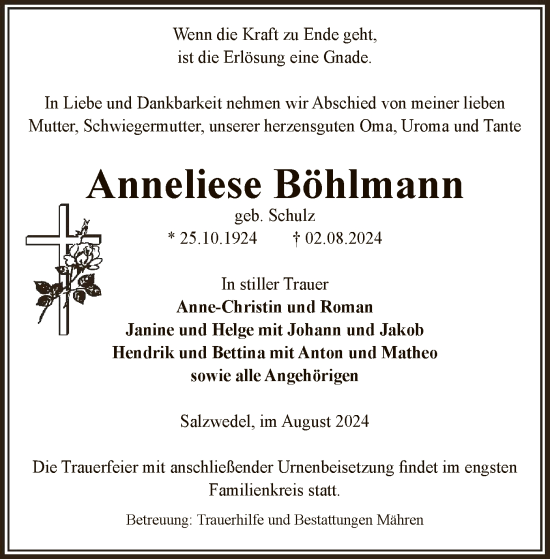 Todesanzeige von Anneliese Böhlmann von UEL