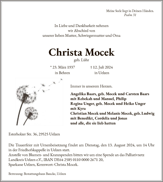 Todesanzeige von Christa Mocek von UEL