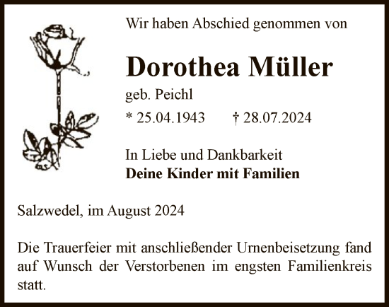 Todesanzeige von Dorothea Müller von UEL