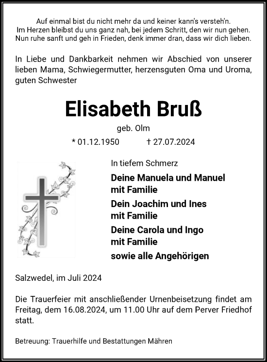 Todesanzeige von Elisabeth Bruß von UEL