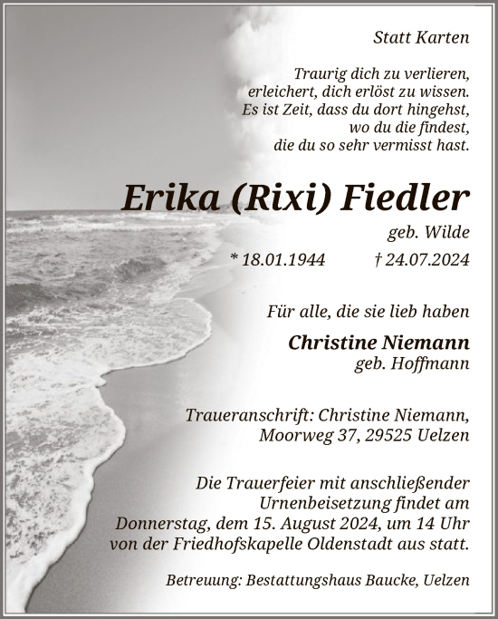 Todesanzeige von Erika Fiedler von UEL