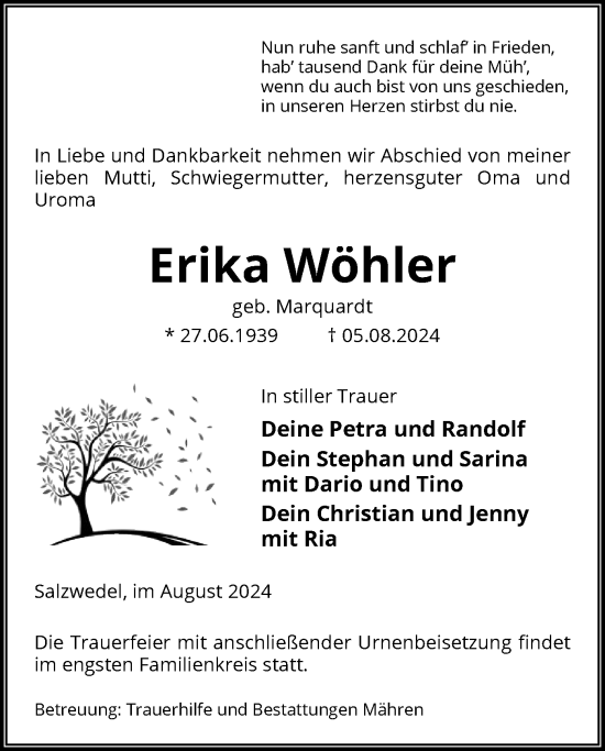 Todesanzeige von Erika Wöhler von UEL