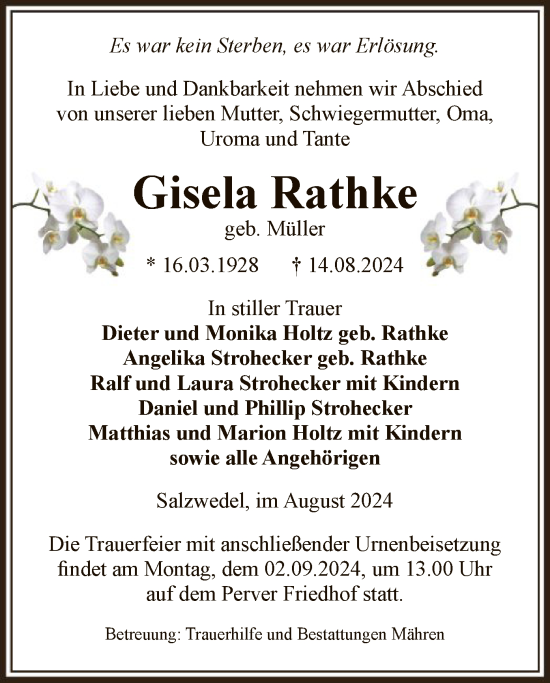 Todesanzeige von Gisela Rathke von UEL