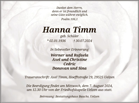 Todesanzeige von Hanna Timm von UEL