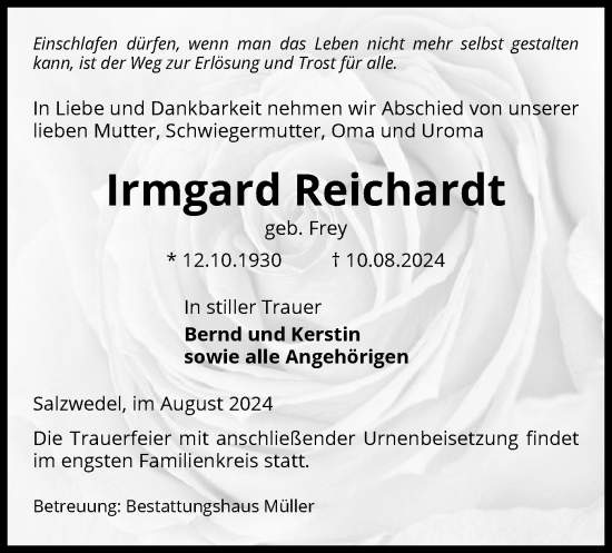 Todesanzeige von Irmgard Reichardt von UEL