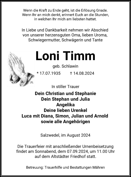 Todesanzeige von Loni Timm von UEL