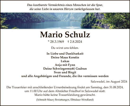 Todesanzeige von Mario Schulz von UEL