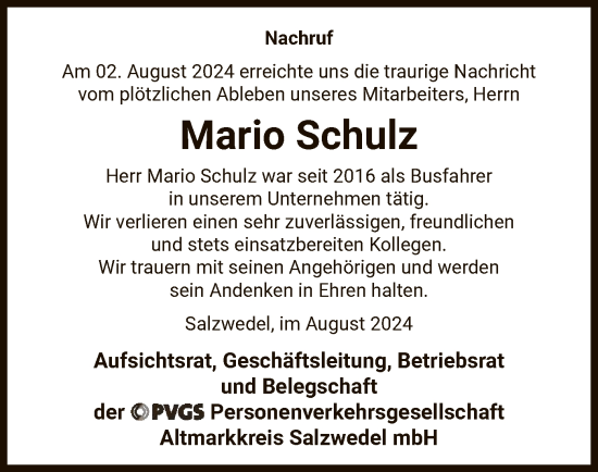 Todesanzeige von Mario Schulz von UEL