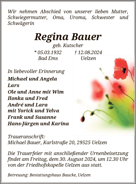 Todesanzeige von Regina Bauer von UEL