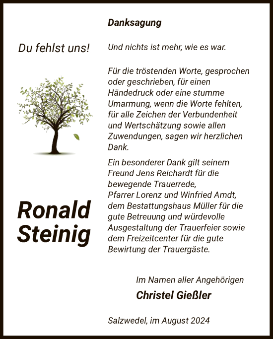 Todesanzeige von Ronald Steinig von UEL