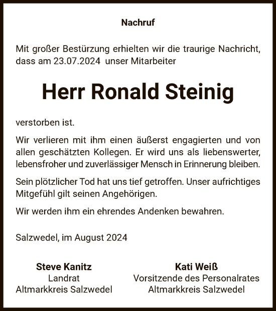 Todesanzeige von Ronald Steinig von UEL