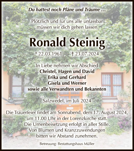 Todesanzeige von Ronald Steinig von UEL