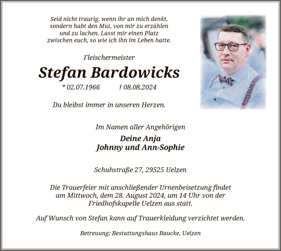 Todesanzeige von Stefan Bardowicks von UEL