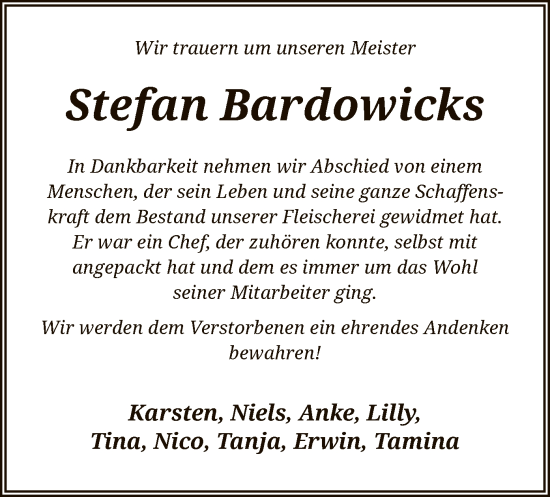 Todesanzeige von Stefan Bardowicks von UEL