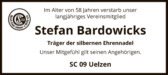 Todesanzeige von Stefan Bardowicks von UEL