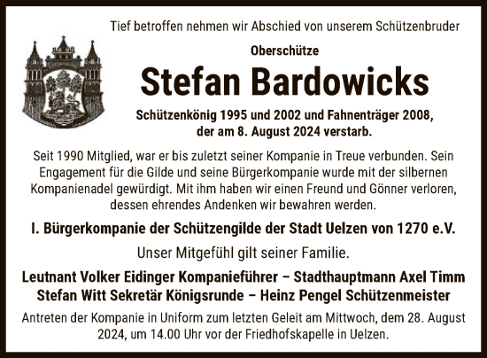 Todesanzeige von Stefan Bardowicks von UEL