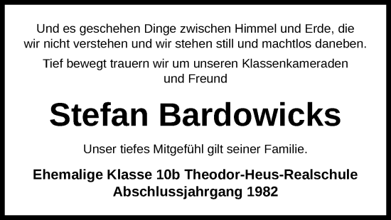 Todesanzeige von Stefan Bardowicks von UEL