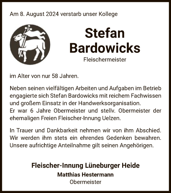 Todesanzeige von Stefan Bardowicks von UEL