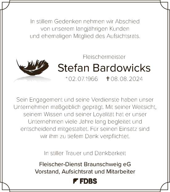 Todesanzeige von Stefan Bardowicks von UEL