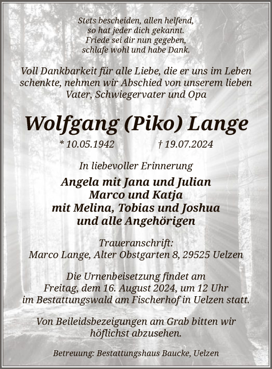 Todesanzeige von Wolfgang Lange von UEL