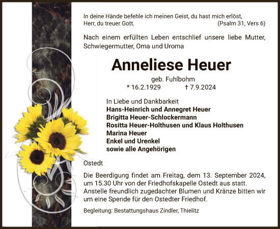 Todesanzeige von Anneliese Heuer von UEL