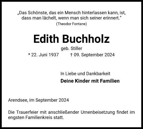 Todesanzeige von Edith Buchholz von UEL