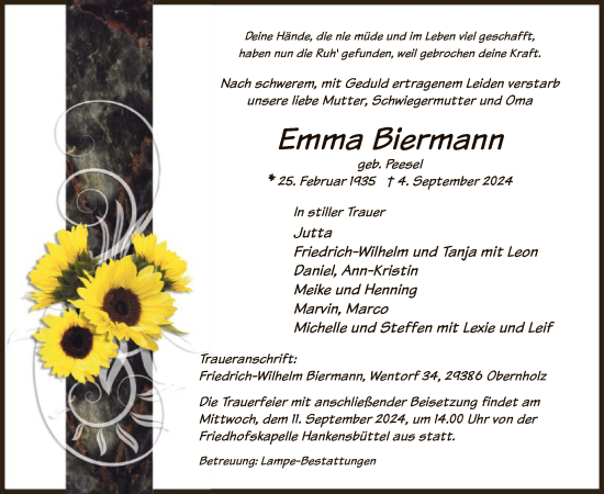 Todesanzeige von Emma Biermann von UEL