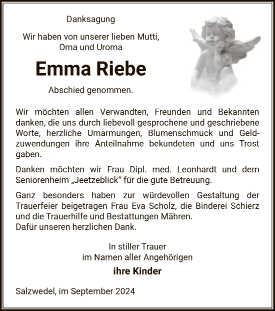 Todesanzeige von Emma Riebe von UEL