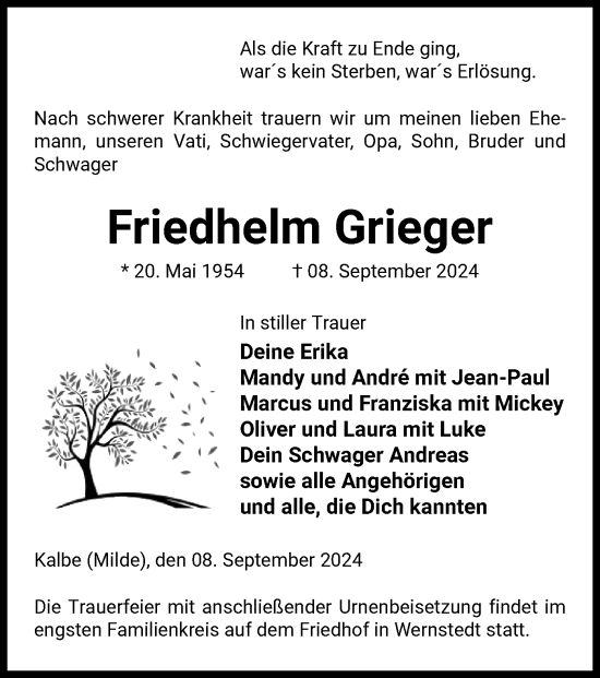 Todesanzeige von Friedhelm Grieger von UEL