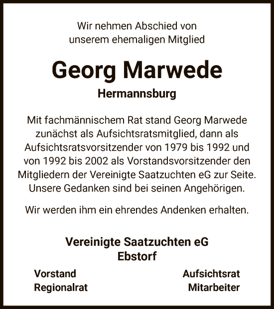 Todesanzeige von Georg Marwede von UEL