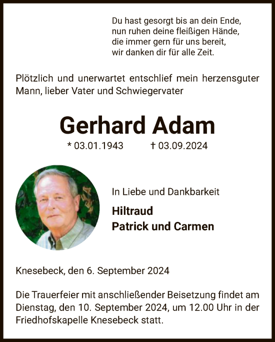 Todesanzeige von Gerhard Adam von UEL