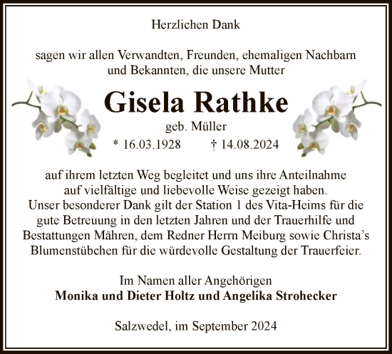 Todesanzeige von Gisela Rathke von UEL