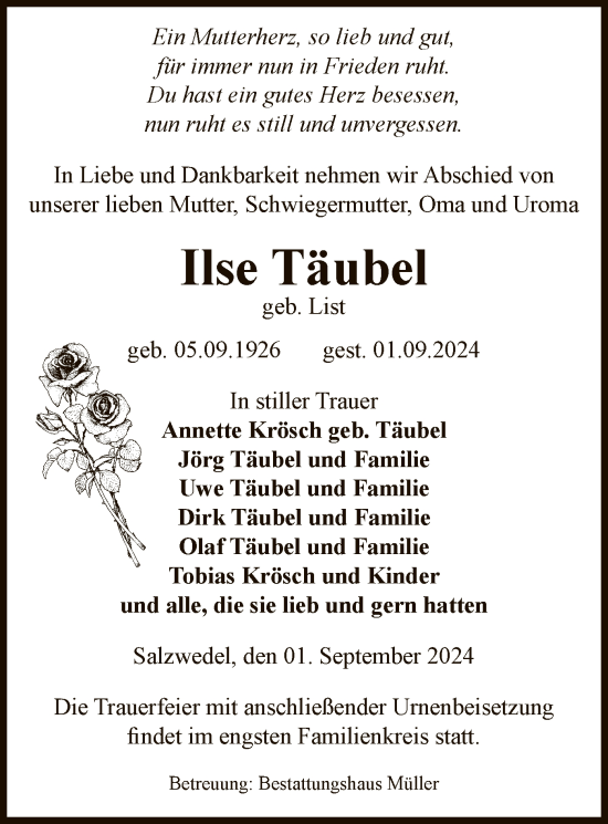 Todesanzeige von Ilse Täubel von UEL