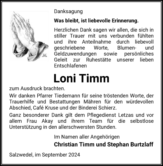 Todesanzeige von Loni Timm von UEL